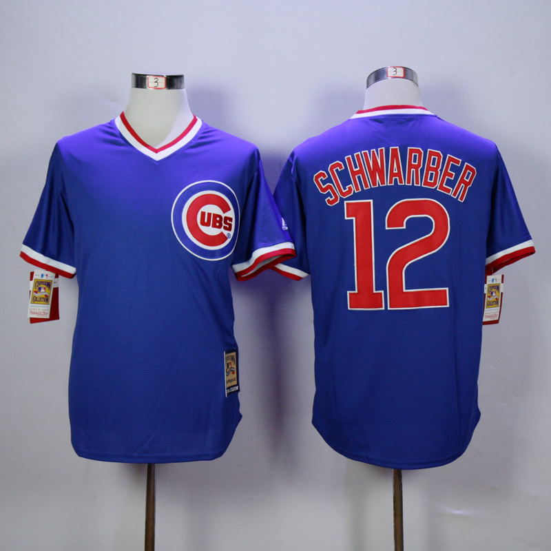 Men Chicago Cubs #12 Schwarber Blue Throwback MLB Jerseys